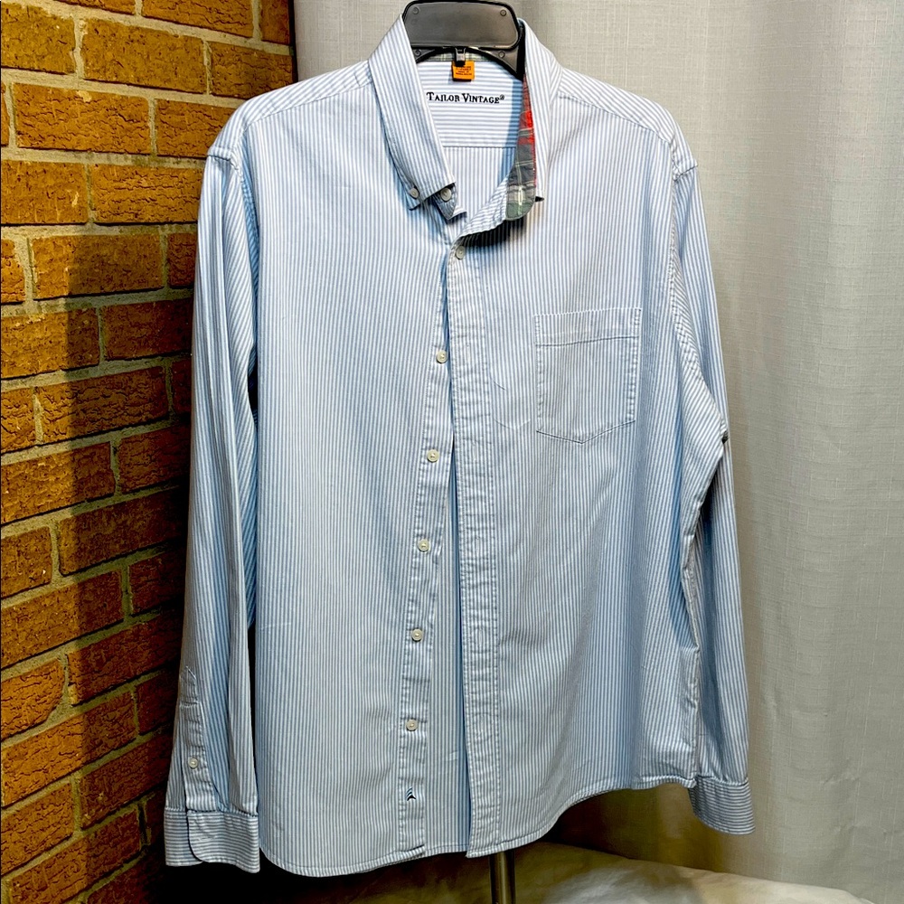 Taylor Vintage Blue Striped Button Down Shirt L/XL • 97% Cotton Classic, EUC